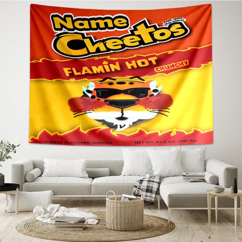 Custom Name Cheetos Print Tapestry, Backdrop, Easy Setup, Ideal for Bedroom, Office & Living Room, with Aesthetic Wall Hanging Decor.
