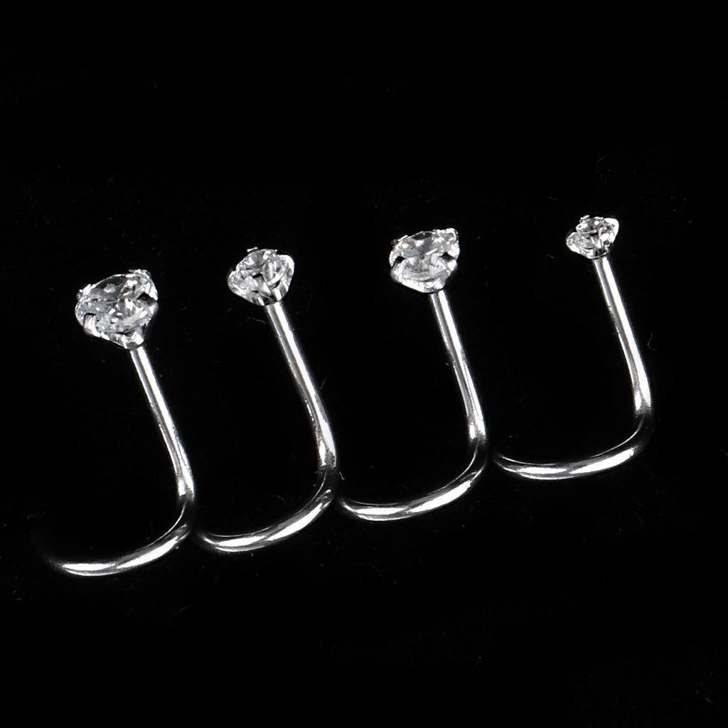 4 Pieces Stainless Steel Clear Zircon Crystal Screw Curved Nose