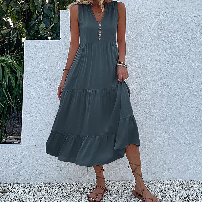 Sleeveless V Neck Casual Summer Women Dress Fashion Loose Elegant Office Ladies Dresses Layered Ruffled Solid A-line Female Dress 922