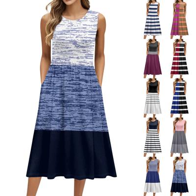 Женское модное платье средней длины с круглым вырезом и принтом без рукавов