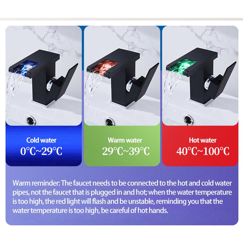 NEW LED Luminous Faucet Waterfall Water Hot&Cold Temperature Control Discoloration Three-Color Color Changing Washbasin Bathroom Sink Mixer Tap