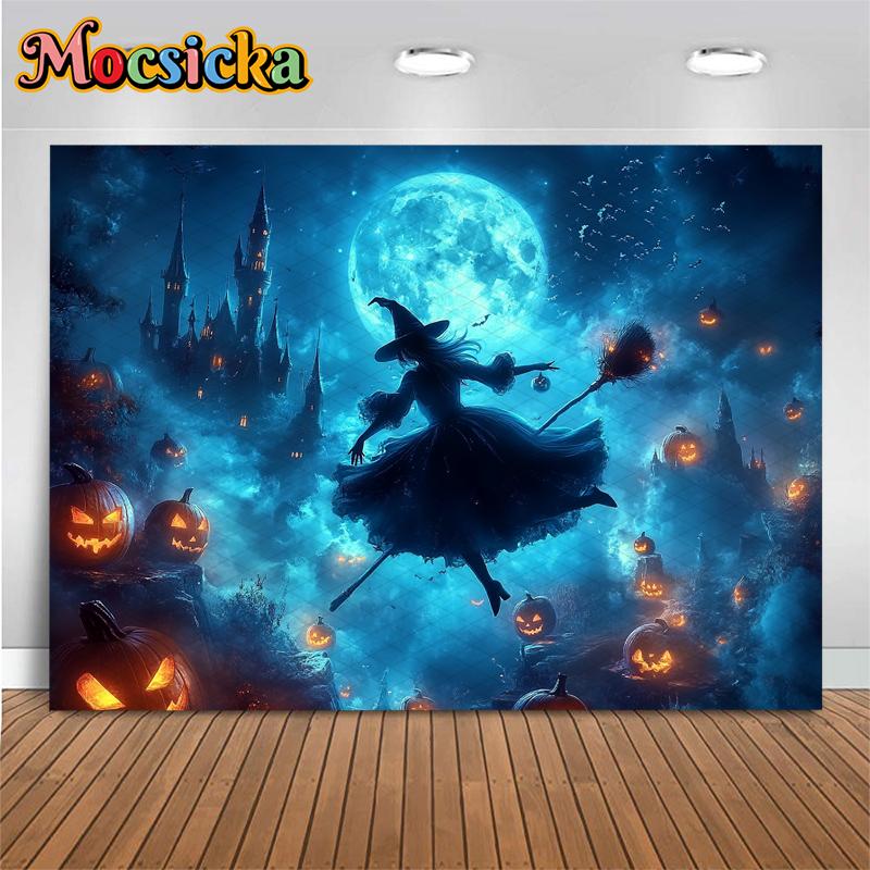 Mocsicka Halloween Witch Photo Backgrounds Shooting Props Moon Castle Bat Jack-O-Lanterns Party Decorations Photography Backdrop