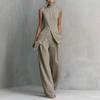 2026 New Cotton Linen Shirt Set Solid Color Sleeveless Top Long Pants Two Piece Elegant Women Outfit