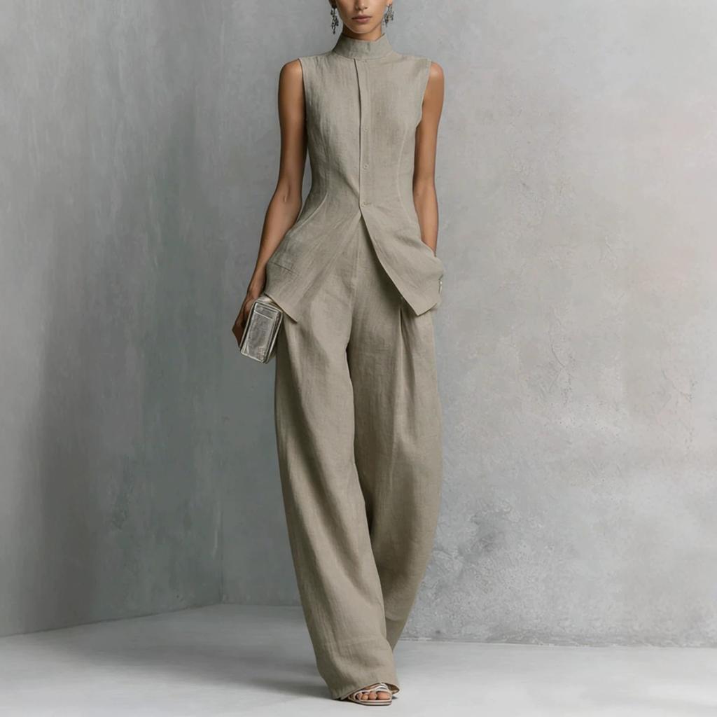 2026 New Cotton Linen Shirt Set Solid Color Sleeveless Top Long Pants Two Piece Elegant Women Outfit