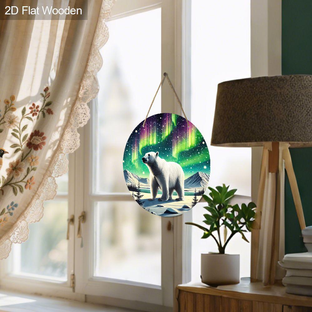 2D Flat Wooden Hanging Decorative Signs, Home Wall or Door Decoration, Garden Decoration, the Pattern Is a Polar Bear and Aurora, Gifts for Friends