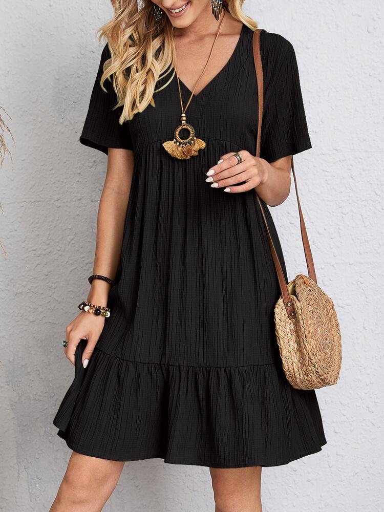 Women Vintage Mini Dresses 2023 Summer Solid Casual V Neck Ruffles Dress Ladies Boho Loose Beach Party Elegant Dresses