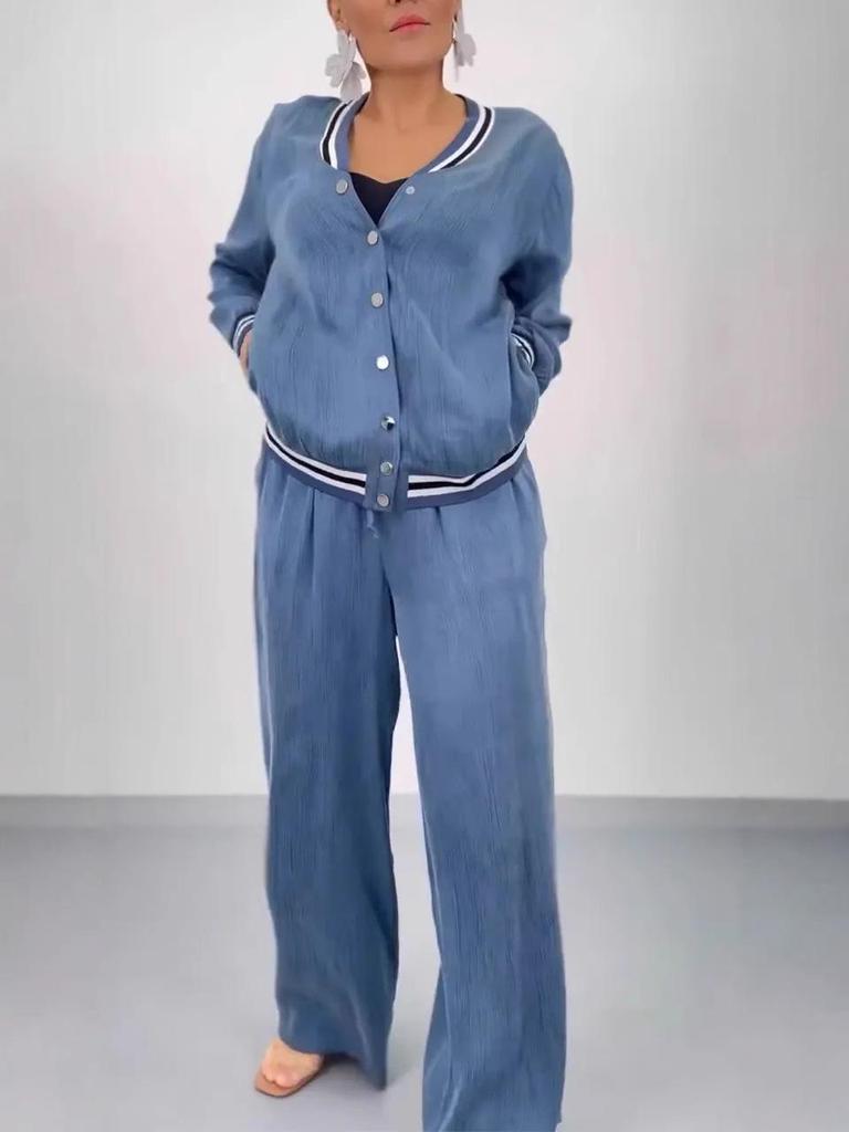 2025 Autumn/Winter Women's Crew Neck Patchwork Cardigan & Wide Leg Pants Set