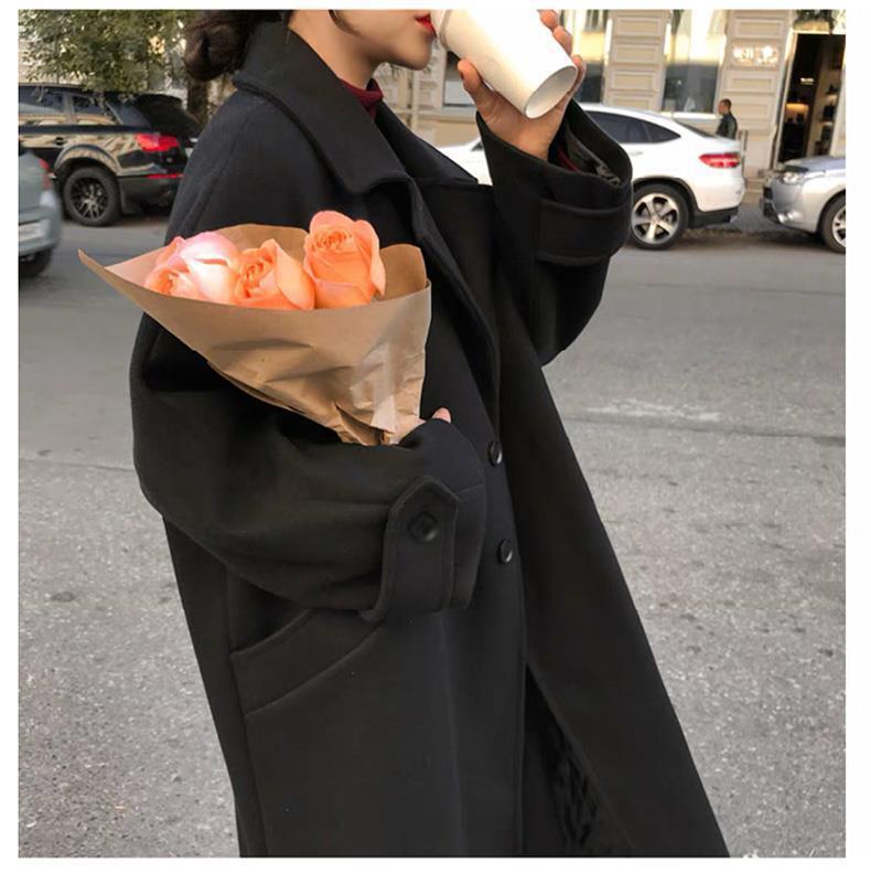 Женское черное шерстяное пальто средней длины выше колена, в стиле Хепберн, корейское, свободного кроя, в стиле мори, готовое к зиме.