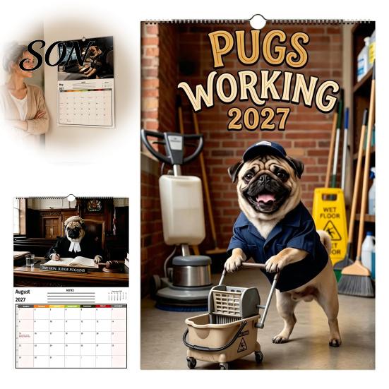 Creative Holiday Gift 2027 Pugs Working Wall Calendar, Funny Dog Hanging Year Round Planning Tool 12 Monthly Planner with Unique Illustrations