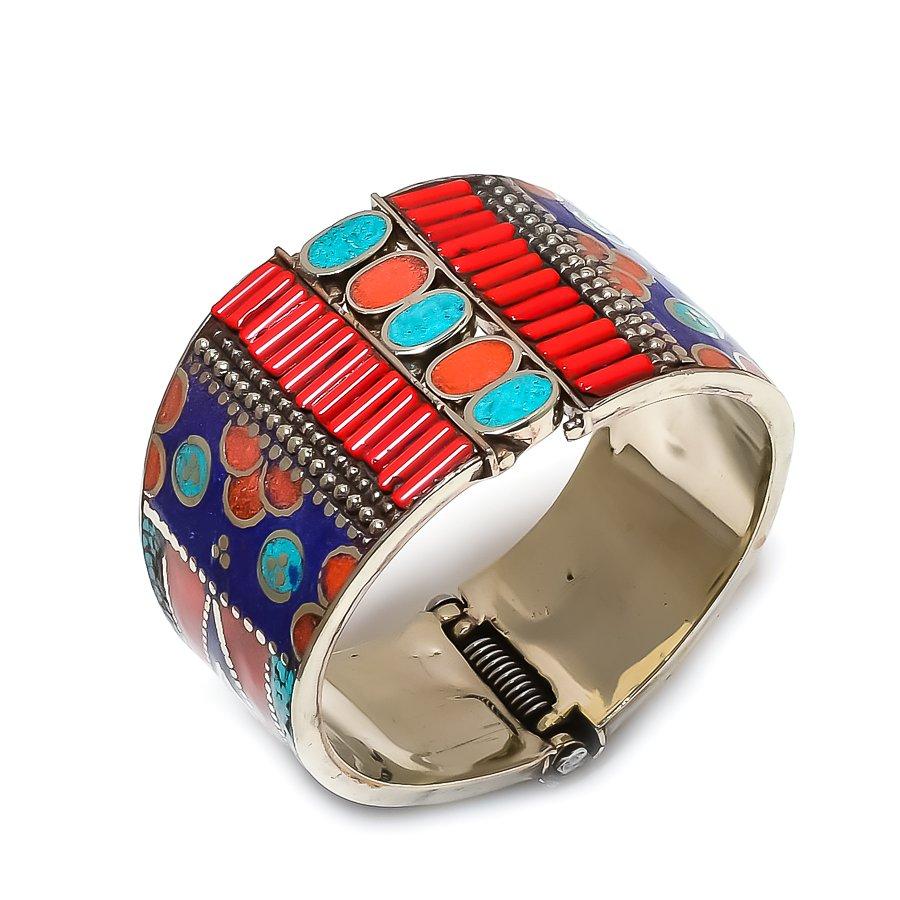 Натуральная тибетская бирюза, коралловый драгоценный камень браслет-манжета ручной работы регулируемый t3l79