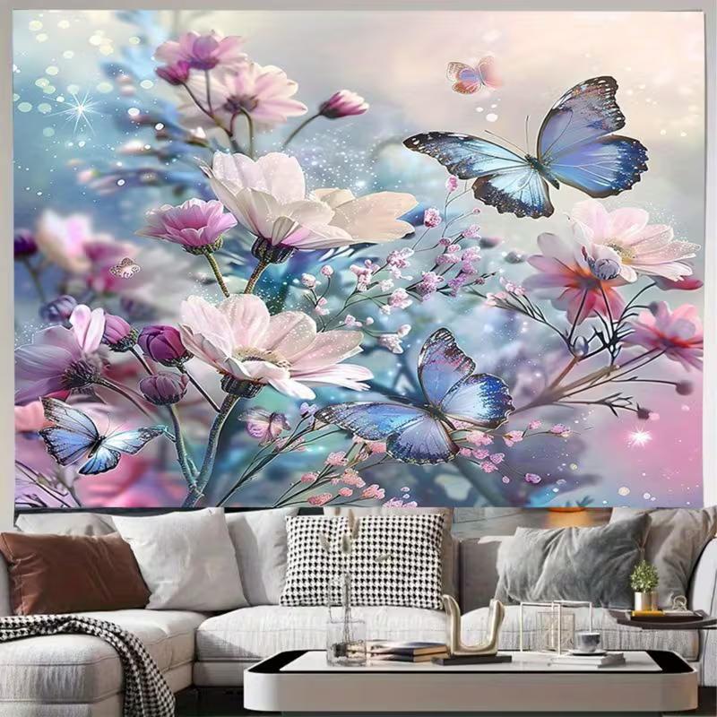 2D Dreamy Blue Butterfly Backdrop, Pink Flowers with Glitter Photography Background