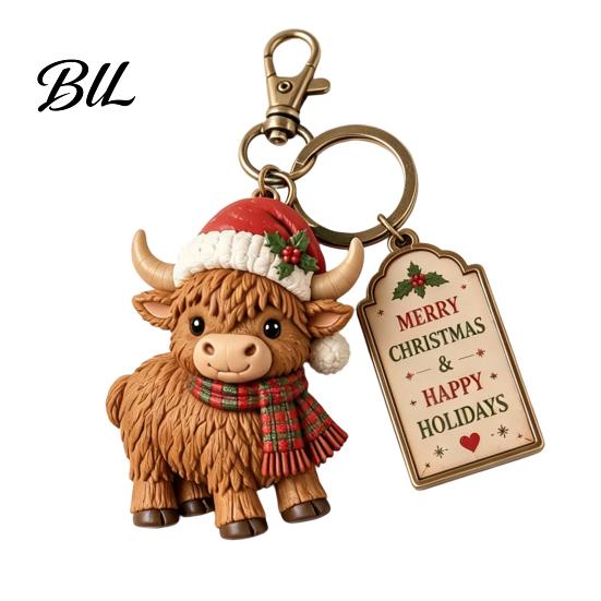 Christmas Theme Keychain Santa Claus Keychain, Cartoon Snowman Reindeer Elf Highland Cow Character Keyring, Xmas Pendant for Party Favors Gingerbread