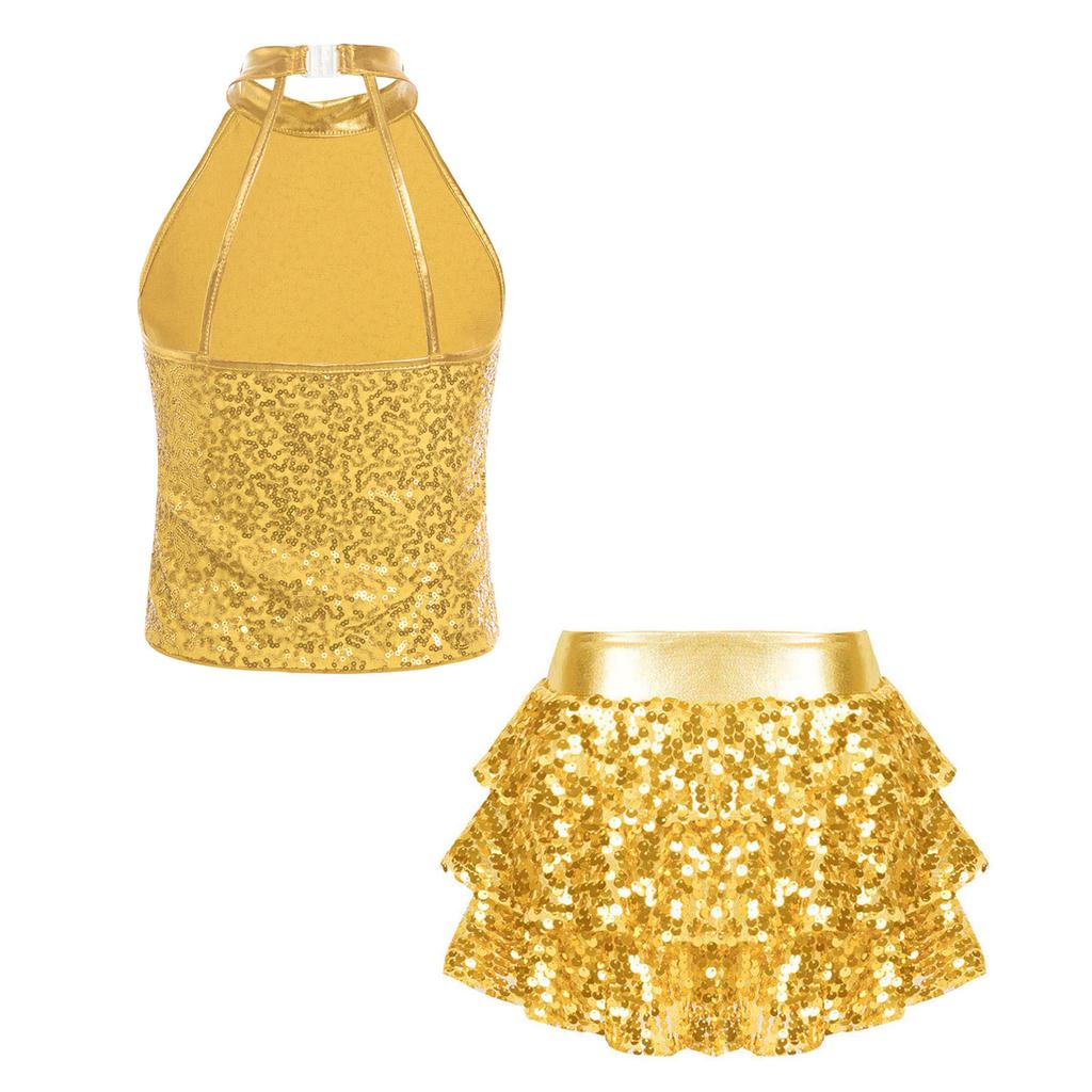 Girls Jazz Dance Outfit Halter Sleeveless Sequin Crop Top Tiered Ruffle Skirted Shorts Set