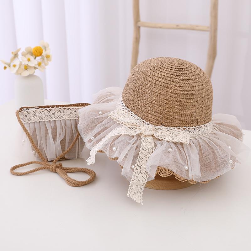 2 шт./компл., детская соломенная шляпа для девочек + упаковка, кружевная кепка от солнца с жемчужным бантом, летняя детская кепка для девочек, пляжная детская шляпа принцессы, рыбацкие шляпы, реквизит для фотографий