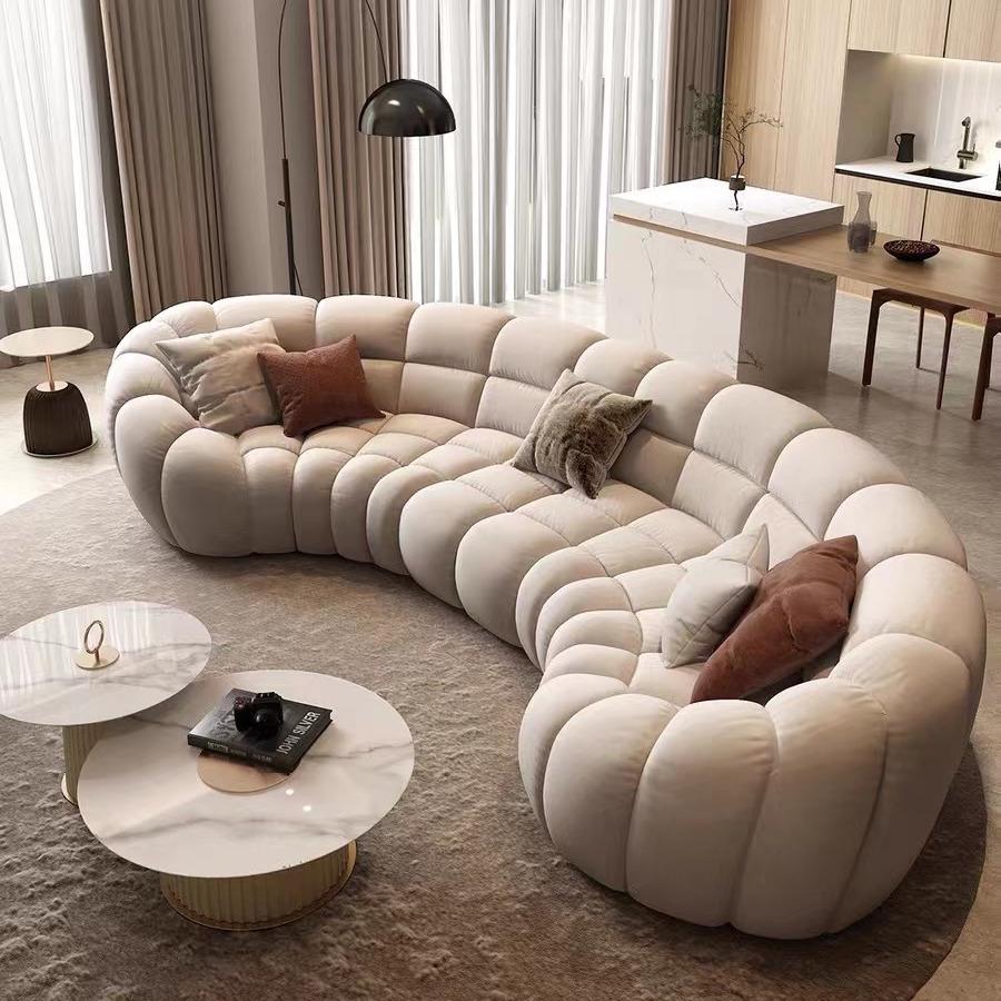French Curved Cream Fabric Sofa - Italian Villa Design, Creative Bubble Style, Wood Frame