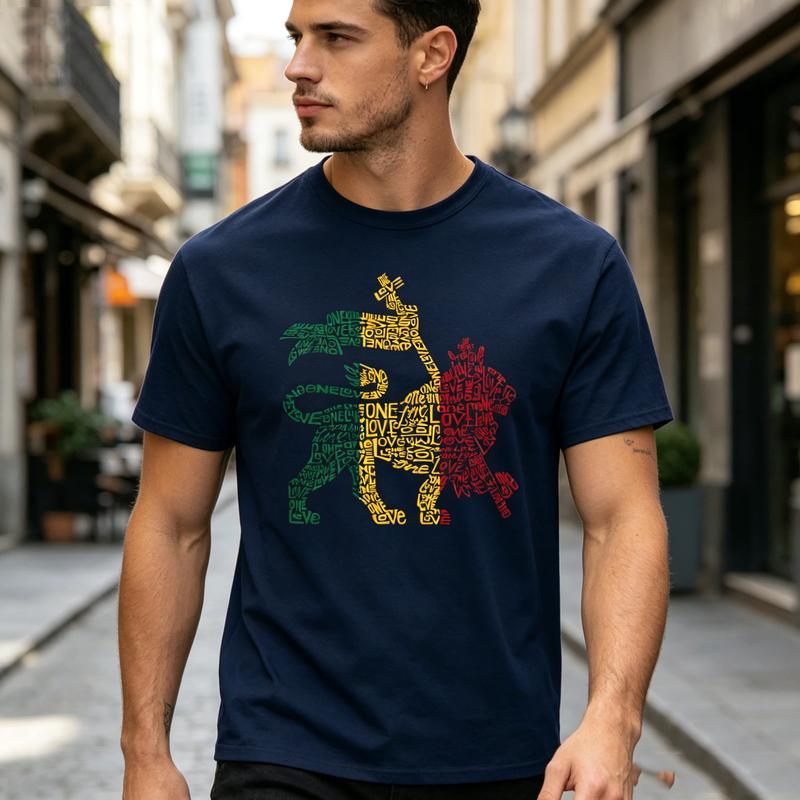 Reggae Rasta Lion Word Art Tshirt for Unisex Unisex Vintage Rock Band Tee Casual Short Sleeve Top