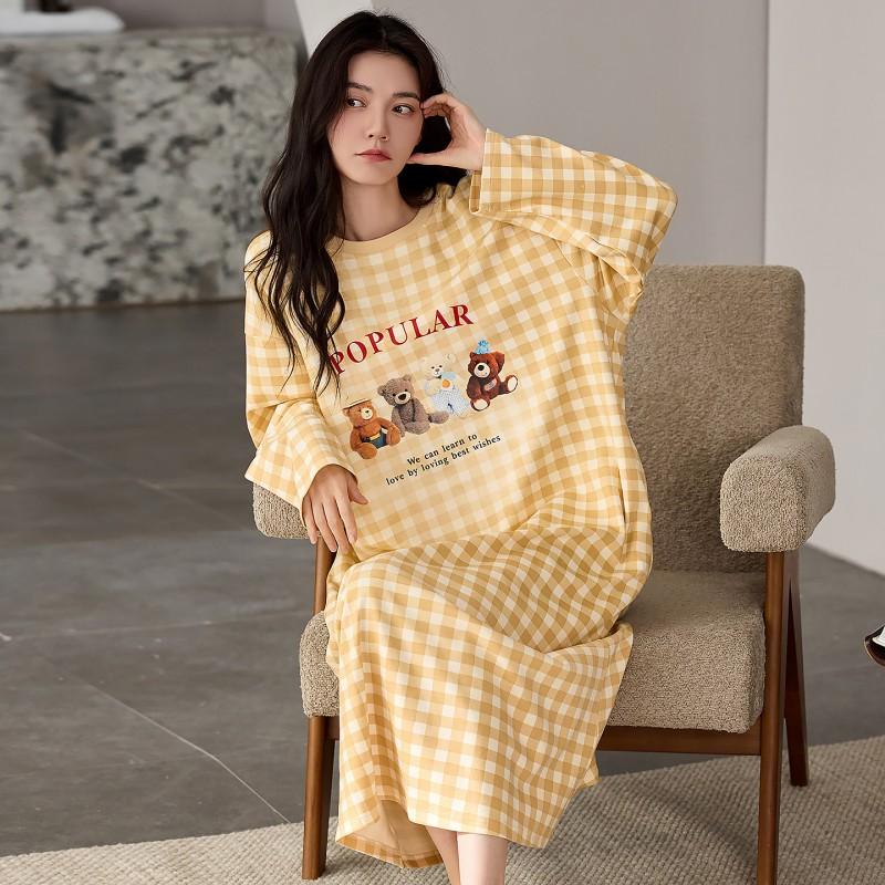 Womens Long Sleeve Nightgown Cotton Blend Round Neck Cute Cartoon Medium Length Sleepwear Young Women