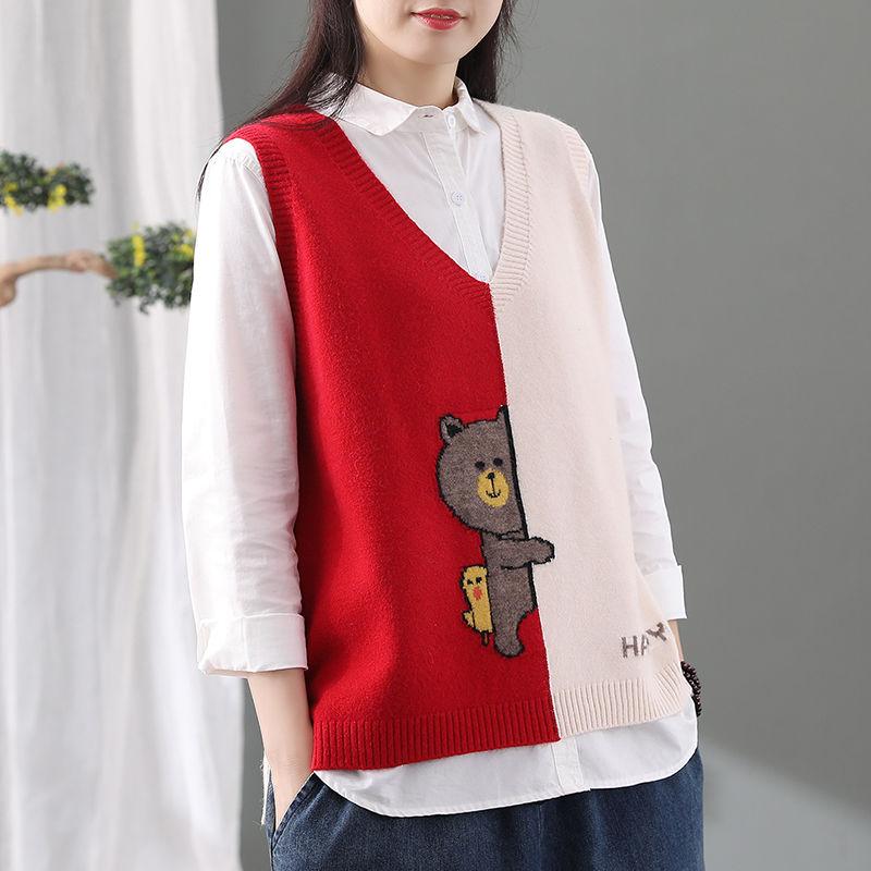 Весенне-осенний женский новый стильный вязаный жилет в стиле ретро с медведем, женский свободный повседневный свитер с v-образным вырезом и топом