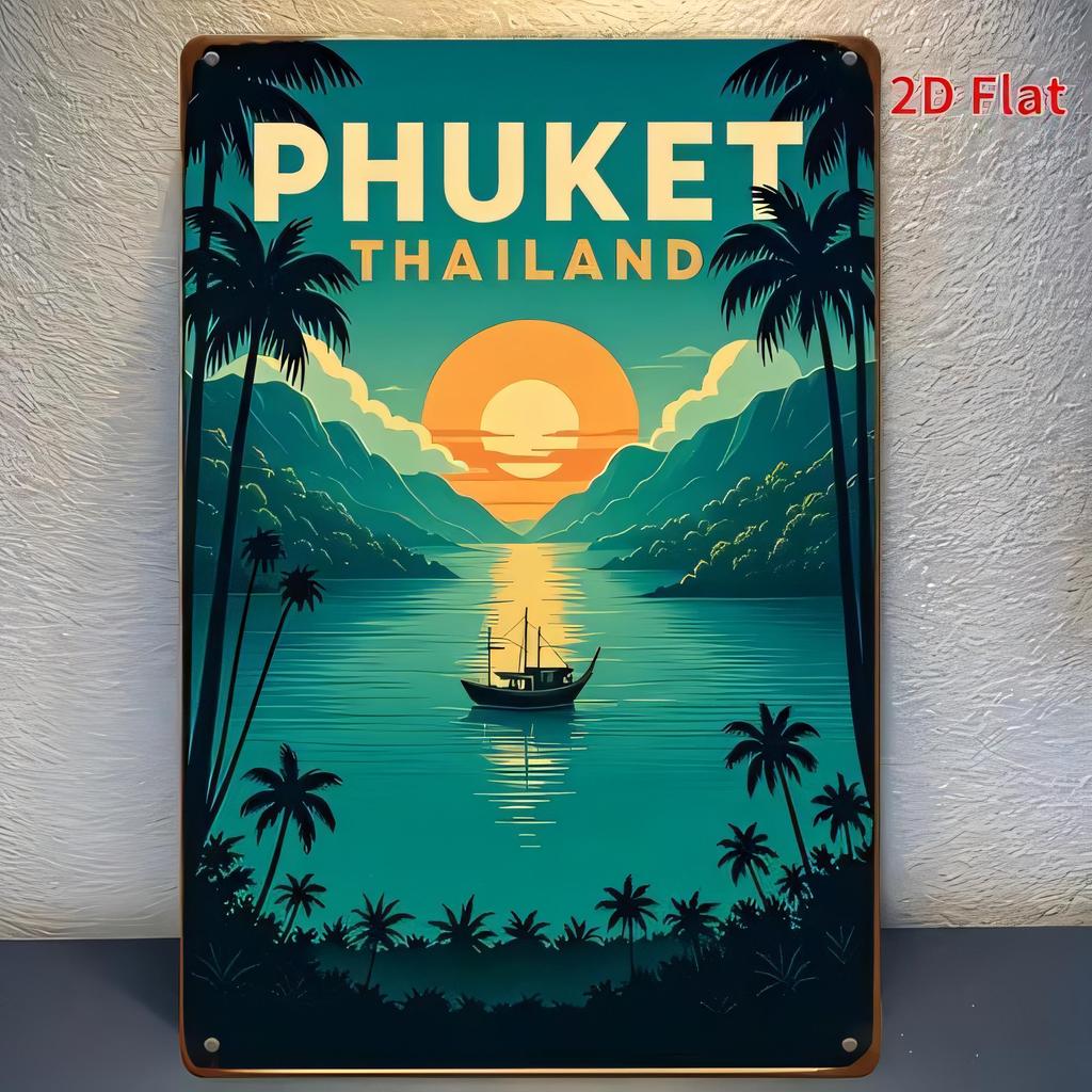 Tin Sign Phuket Thailand Vintage Travel Poster Metal Plaque Wall Art Retro Beach Sun Trees Painting for Home Bar Cafe Garage De