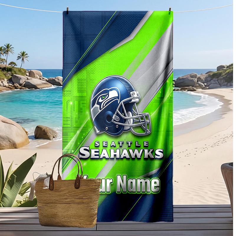 Seattle Seahawks Custom Beach Towel, Print Your Name Text Lightweight Absorbent Towel for Swimming Travel
