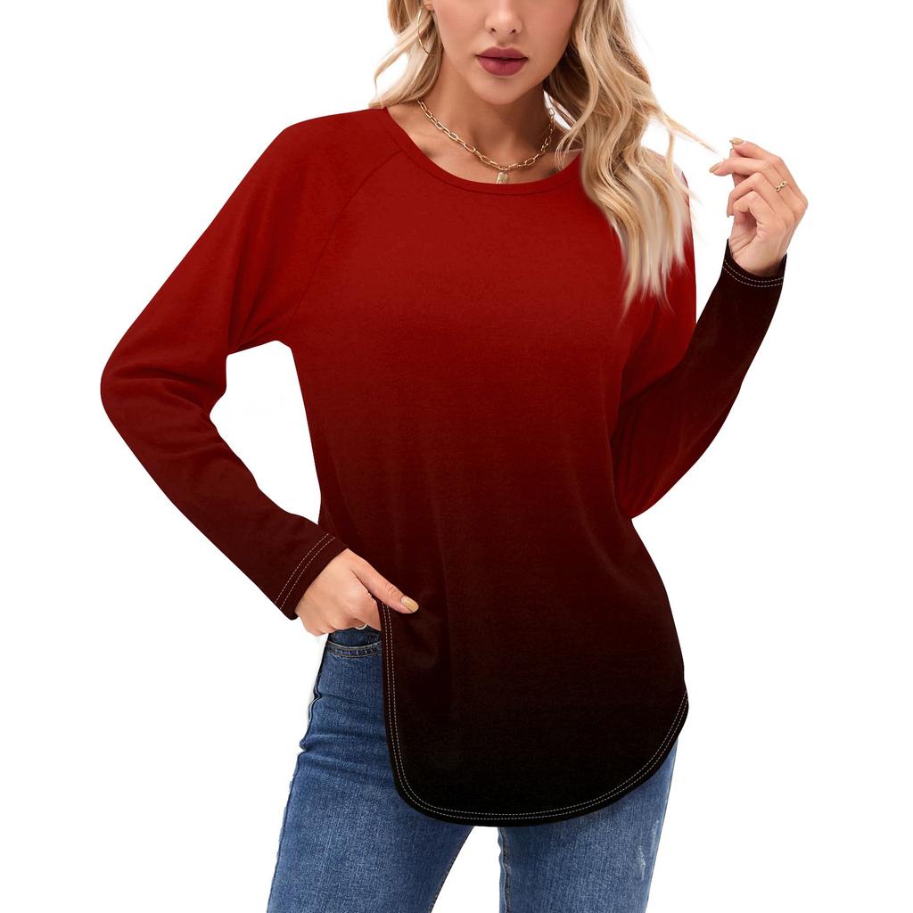 Женские рубашки с длинным рукавом, повседневные, модные, с градиентным принтом, туники, топы, с круглым вырезом, базовая свободная футболка