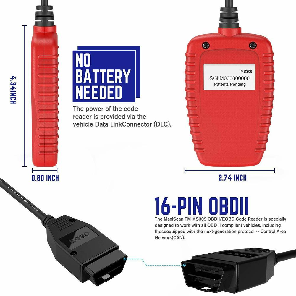 Ms309 OBD2 Сканер автомобиля Проверка кода двигателя Считыватель неисправностей Инструмент OBDII Автоматический диагностический инструмент