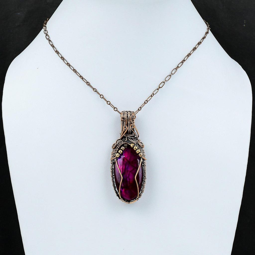 Кулон из фиолетового огненного лабрадорита, медная проволочная обертка, стильный кулон ручной работы, медные украшения для подарка, ювелирные изделия из драгоценных камней в проволочной обертке