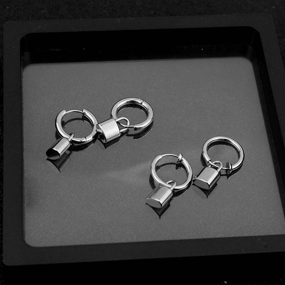 Personality Men Cool Style Korean Hop Hip Stainless Steel Ear Clip Stud Earring Padlock Earrings