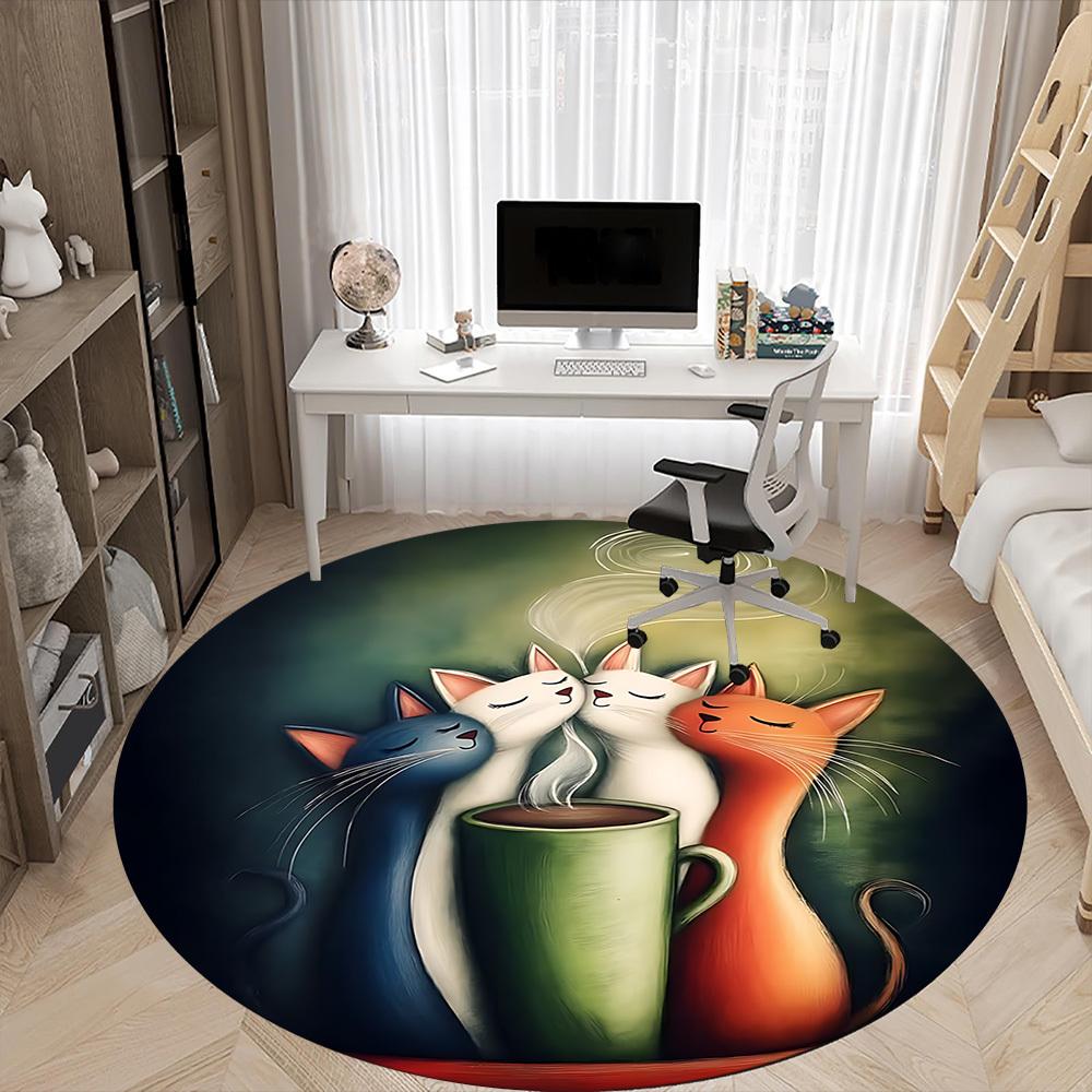 1pc Cats Coffee Office Round Area Rug, Indoor Mat Suitable ForOffice, Under Office Chairs Bedroom Living Room Home Decor, Room Deco D042