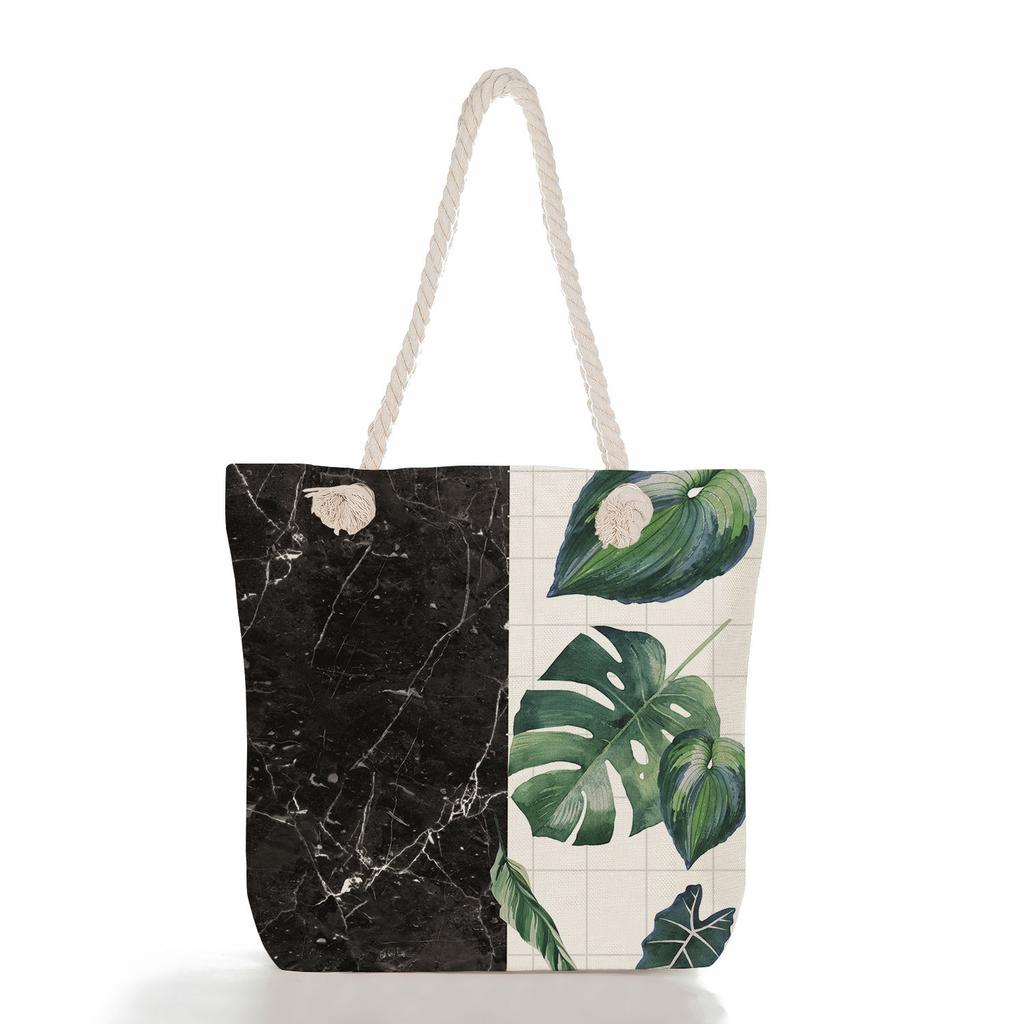 Marble green leaves print thick rope single-shoulder beach bag 7273 CLE