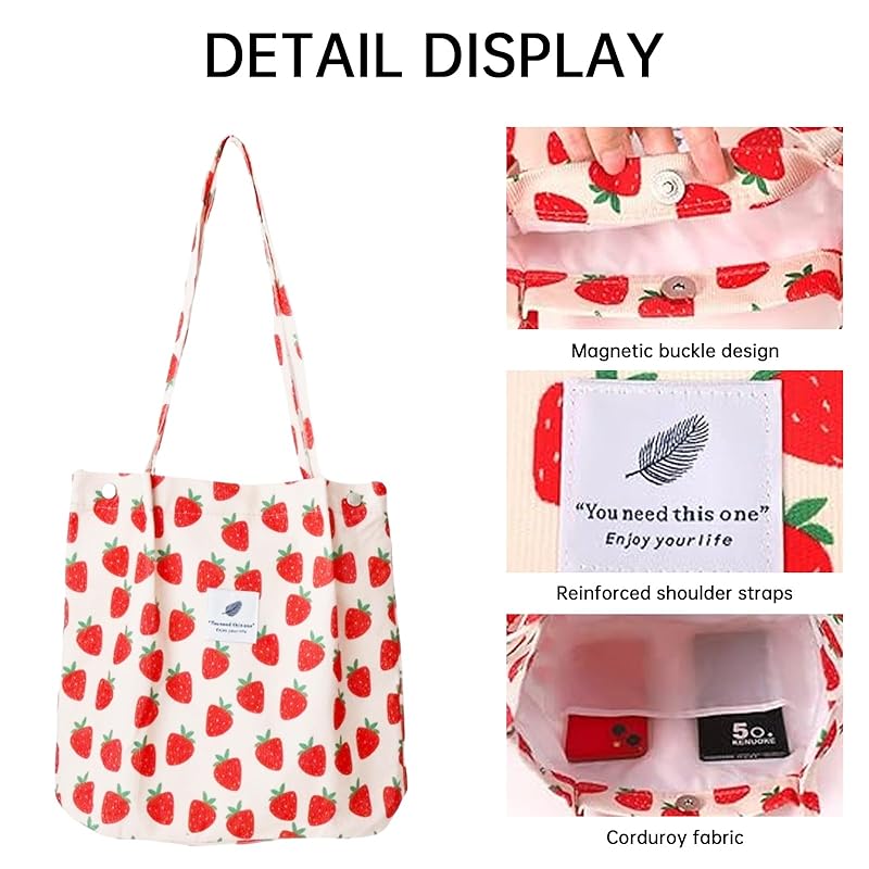 [YanZhou] Women's handbag, large capacity, corduroy handbag, has an inner bag, durable, stylish, and can be used repeatedly (strawberry)