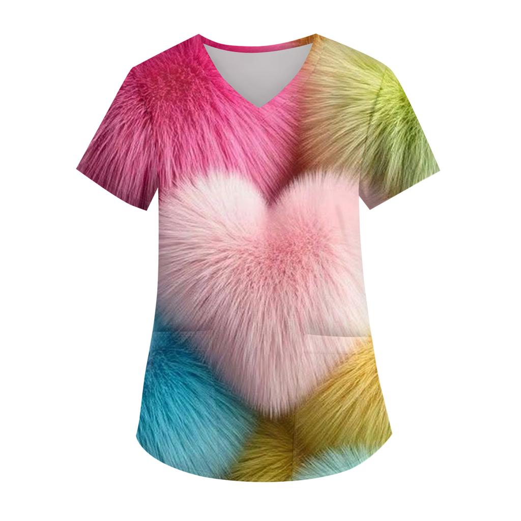 Женская модная футболка с V-образным вырезом, карманом и короткими рукавами с принтом ко Дню святого Валентина, униформа и топ для воспитателя