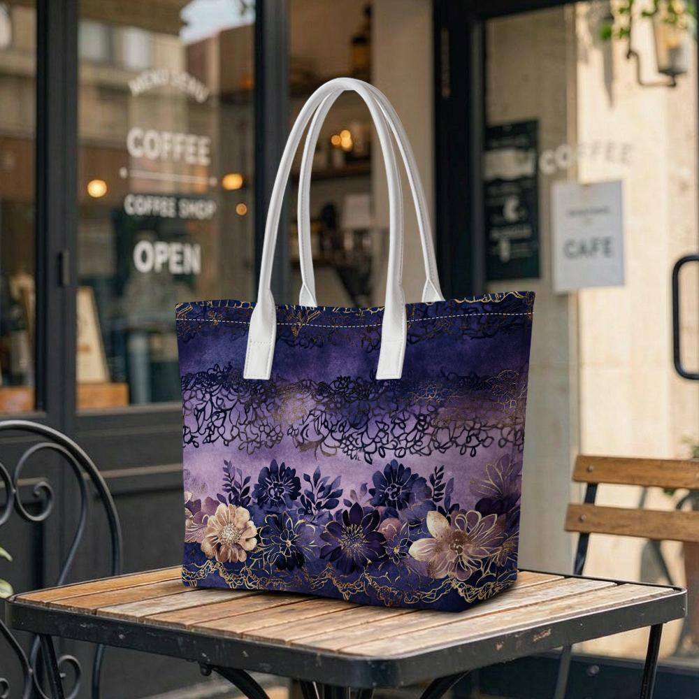 Purple Floral Print Shoulder Tote Elegant Carryall Bag