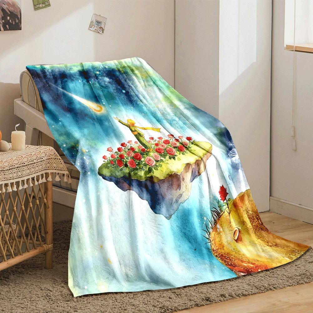 A small figure, roses, and shooting star on floating islands in cosmic glow. for all seasons blanket lunch break throw gift