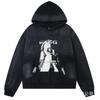Mens Oversized Cotton Hooded Zip-Up Sweatshirt Streetwear Casual Long Sleeve Tee With Letter Print