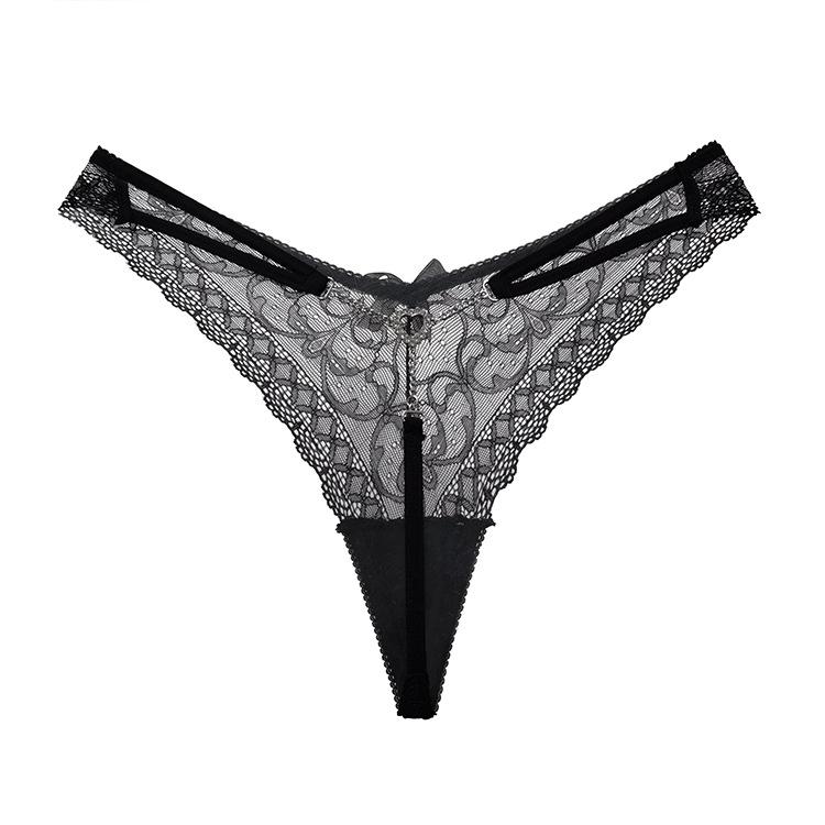 Women's Solid Color Lace Chain V Pants Sexy Black Metal Thong Low Waist Transparent Underwear