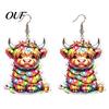 Novelty Animal Ear Hooks 1 Pair Acrylic Highland Cow Christmas Earrings for Women, Cute Scottish Cattle Creative Dangle Drop Earrings, Cartoon