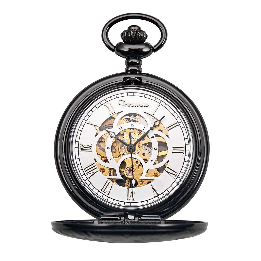 TREEWETO Mechanical Manual Winding Pocket Watch Roman Numerals Skeleton Black with Chain