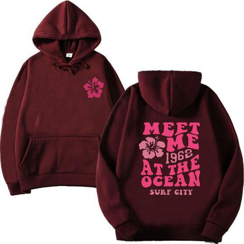 New Hoodie Ocean Beach Hooded Sweatshirt Fashion Casual Loose Threaded Cuff hem