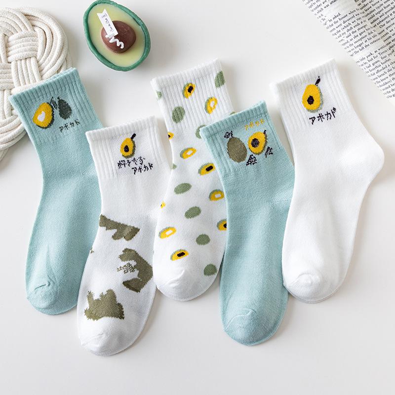 5Pairs Women Cotton Socks Cute Print Princess Two-dimensional Fashion Socks Striped Plaid Ladies Spring Summer Socks