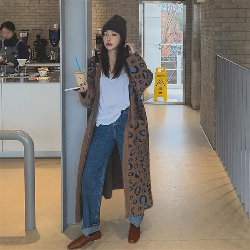 Johnature леопардовые вязаные женские корейские свободные длинные пальто осень-зима кардиган теплые женские тренчи