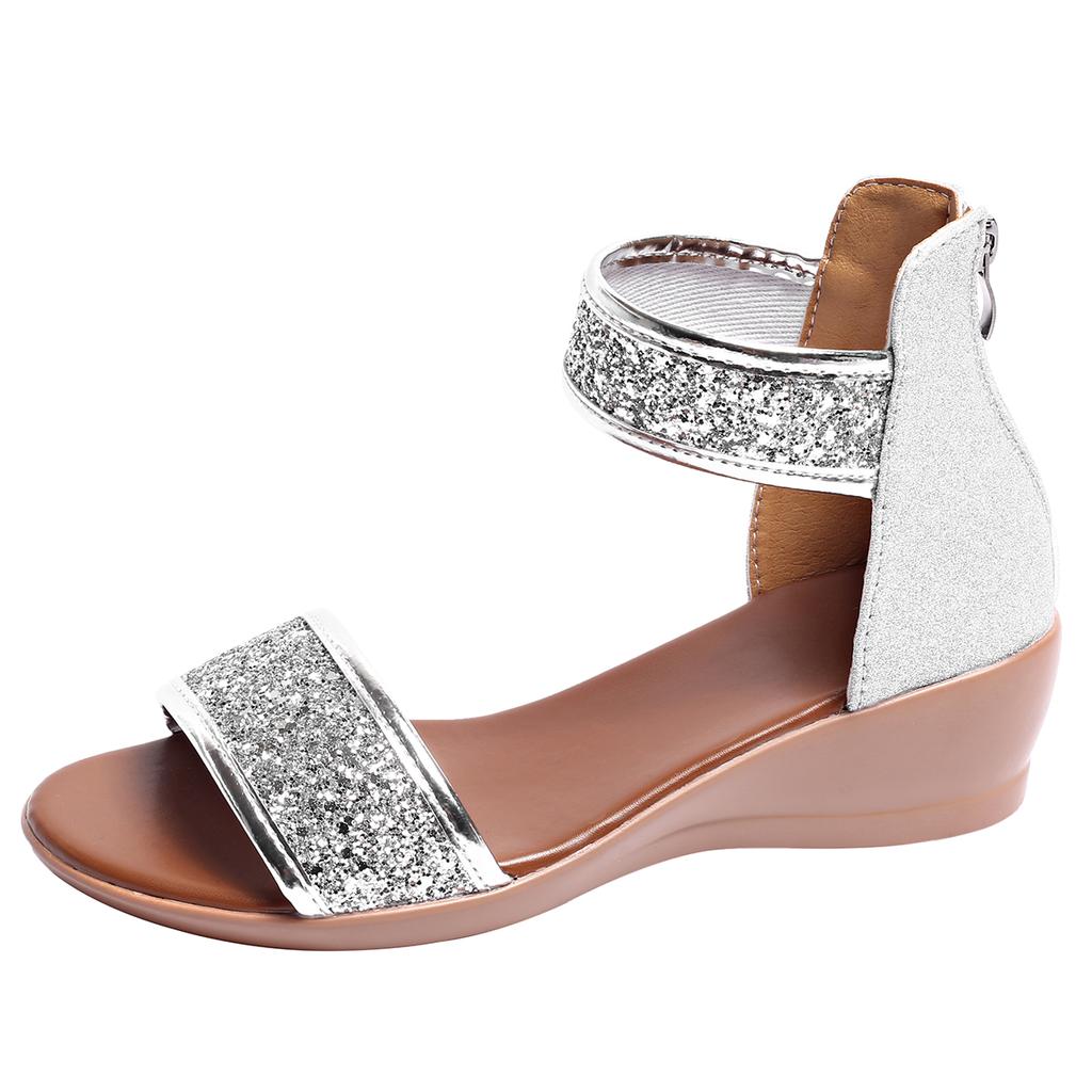 Women's Bag Heel Sandals Summer New Round Head Open Toe Glitter Back Zipper Soft Sole Anti-slip Wear-resistant Slope Heel Shoes