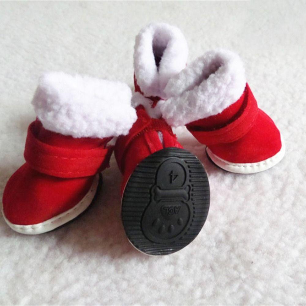 4pcs/set Windproof Santa Dog Shoes Adjustable Dog Snow Boots Puppy Red Boots  Winter