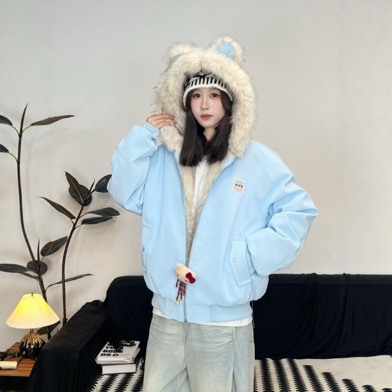 Womens Loose Thick Winter Hooded Parka With Faux Fur Collar Warm Cotton Coat Couples