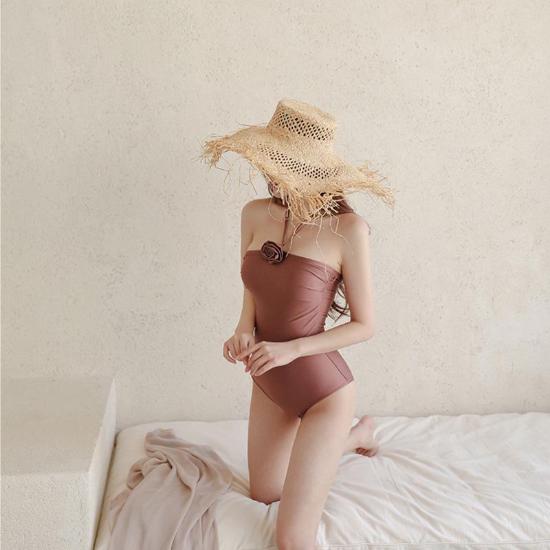 Solid color tight and thin tube top gathers pure roses conservative high-end triangular seaside vacation one-piece swimsuit