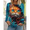 2024 Fashion Design Women's T Shirts 3D Print Kawaii Cat Graphics Long Sleeve Crew Neck Regular Fit Spring/Fall Funny Sportwears