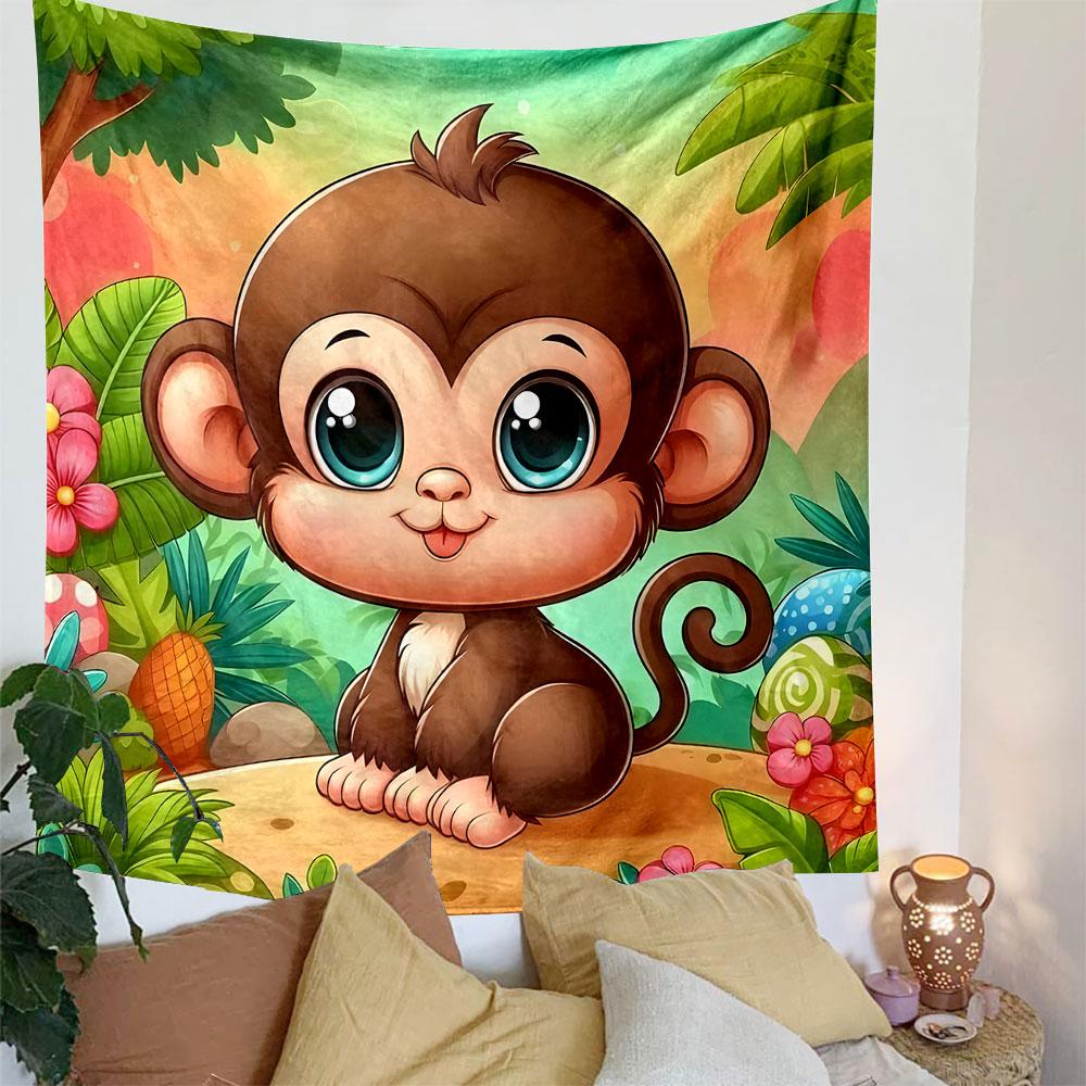 Cute Cartoon Monkey in Jungle Scene Patterned Tapestry Decorative Wall Hanging, Home Bedroom Living Room Decor