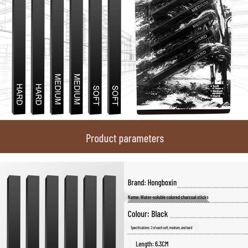 Sketch Square 6-Piece Set: Soft, Medium & Hard Carbon Sticks, Quick Sketch Charcoal & Graphite Pencils for Art & Doodling.