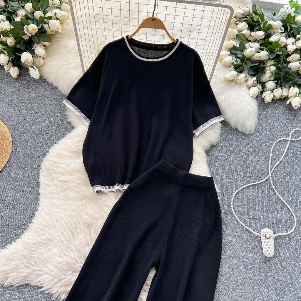 Летний женский трикотажный свитер, брюки, комплект из двух предметов, женский свитер с коротким рукавом, топ и брюки длиной до щиколотки, спортивный костюм