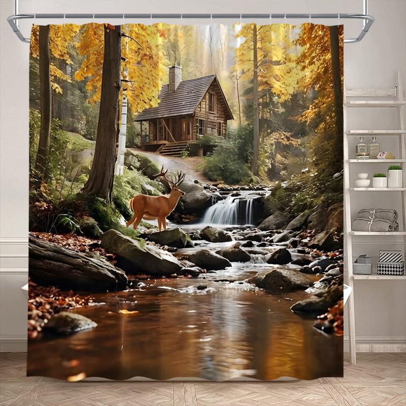 Autumn Forest Elk Shower Curtain Rustic Red Maple Trees Waterfall Wild Animals Fall Landscape Bath Curtains Home Bathroom Decor